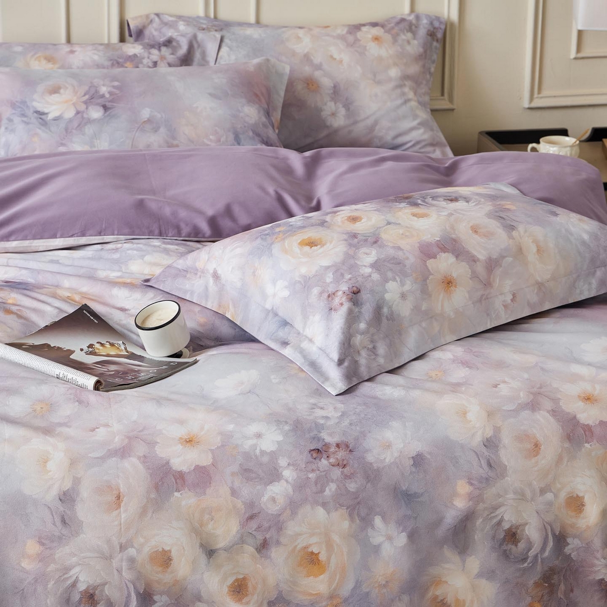 91家纺网 家纺一手货源 找家纺 涵宸家纺 2025新款50S磨毛基础款四件套【更多花型 联系商家电话：17798859966 微信同号，网站：www.hanchenjf.com】 蔷薇晨露（紫）