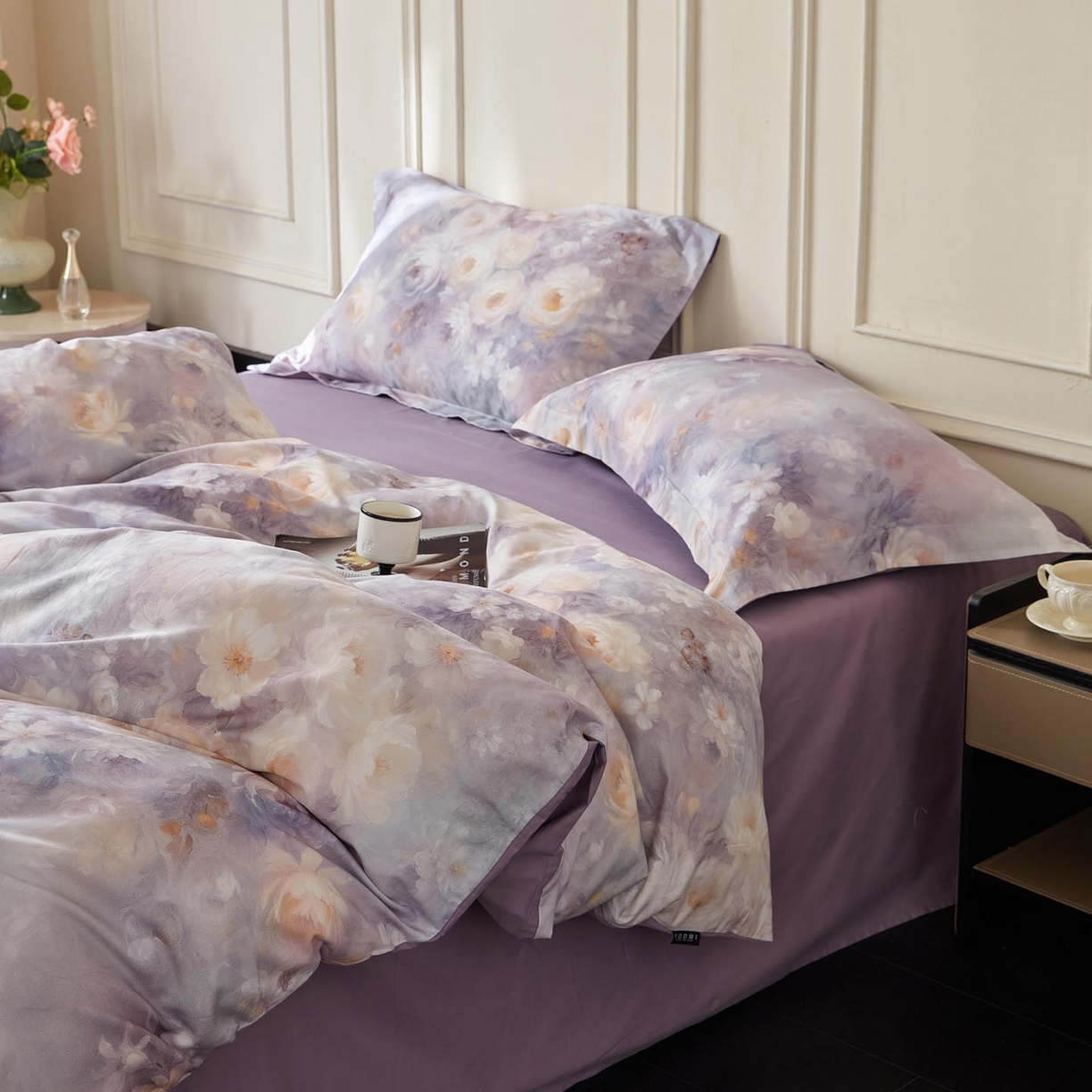 91家纺网 家纺一手货源 找家纺 涵宸家纺 2025新款50S磨毛基础款四件套【更多花型 联系商家电话：17798859966 微信同号，网站：www.hanchenjf.com】 蔷薇晨露（紫）