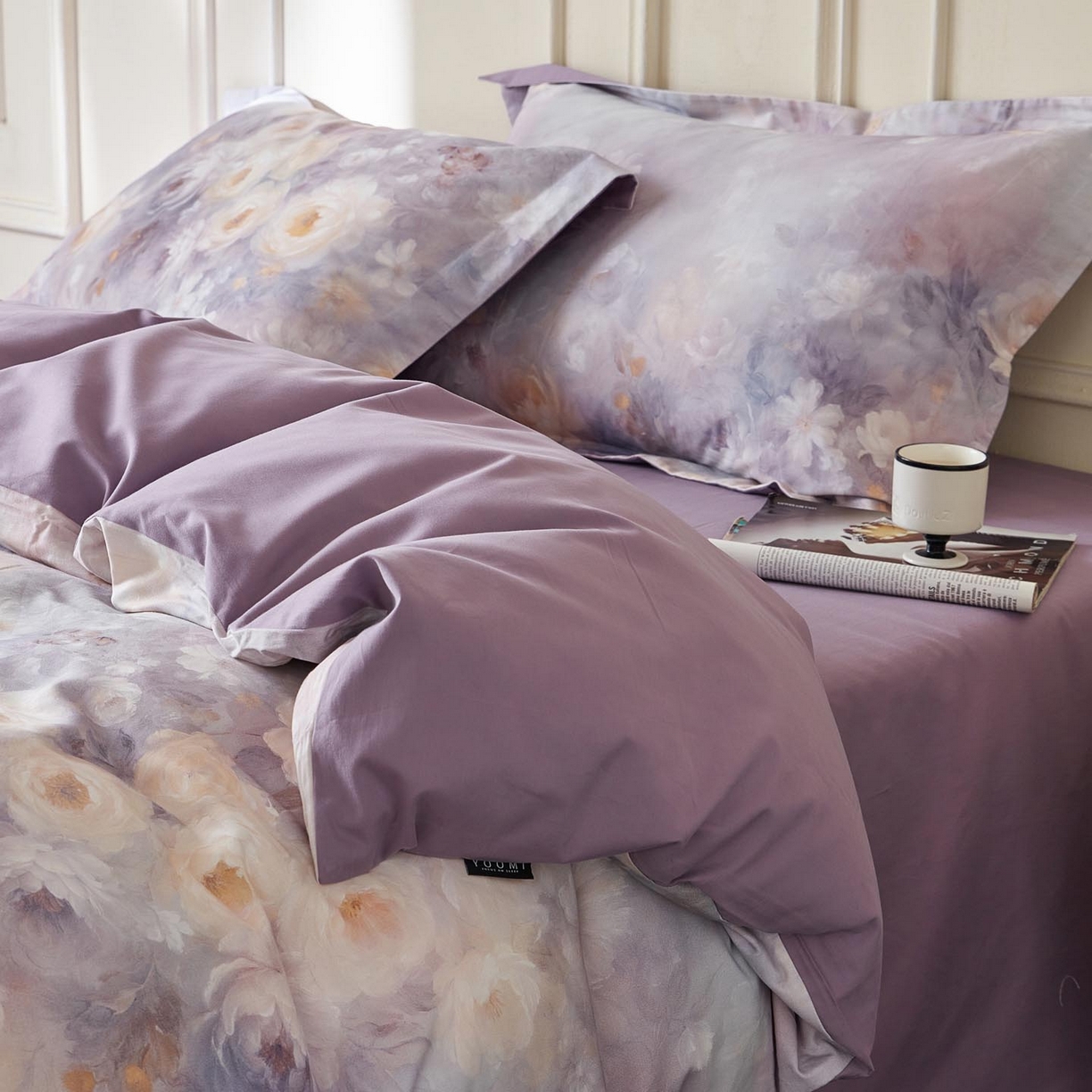 91家纺网 家纺一手货源 找家纺 涵宸家纺 2025新款50S磨毛基础款四件套【更多花型 联系商家电话：17798859966 微信同号，网站：www.hanchenjf.com】 蔷薇晨露（紫）