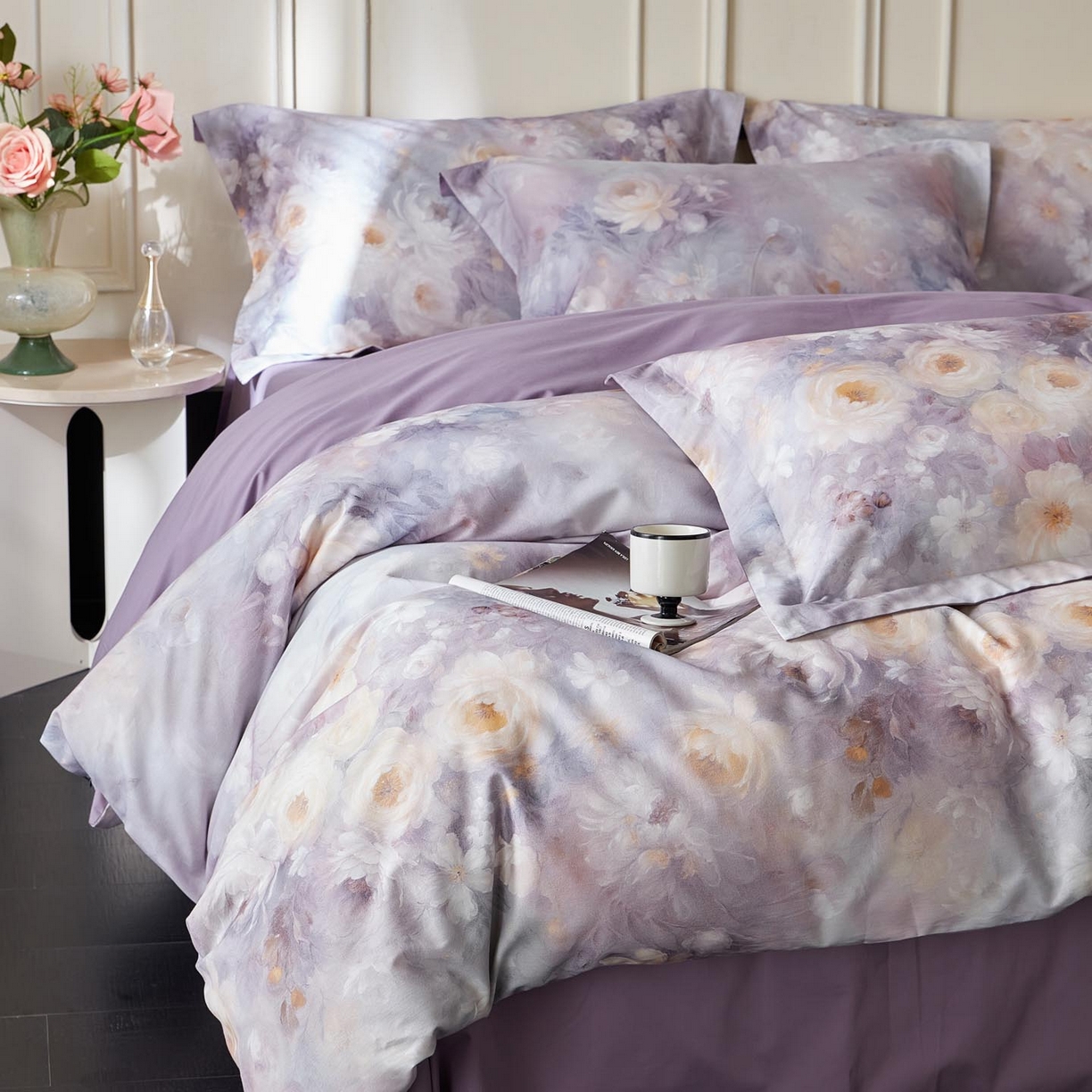 91家纺网 家纺一手货源 找家纺 涵宸家纺 2025新款50S磨毛基础款四件套【更多花型 联系商家电话：17798859966 微信同号，网站：www.hanchenjf.com】 蔷薇晨露（紫）