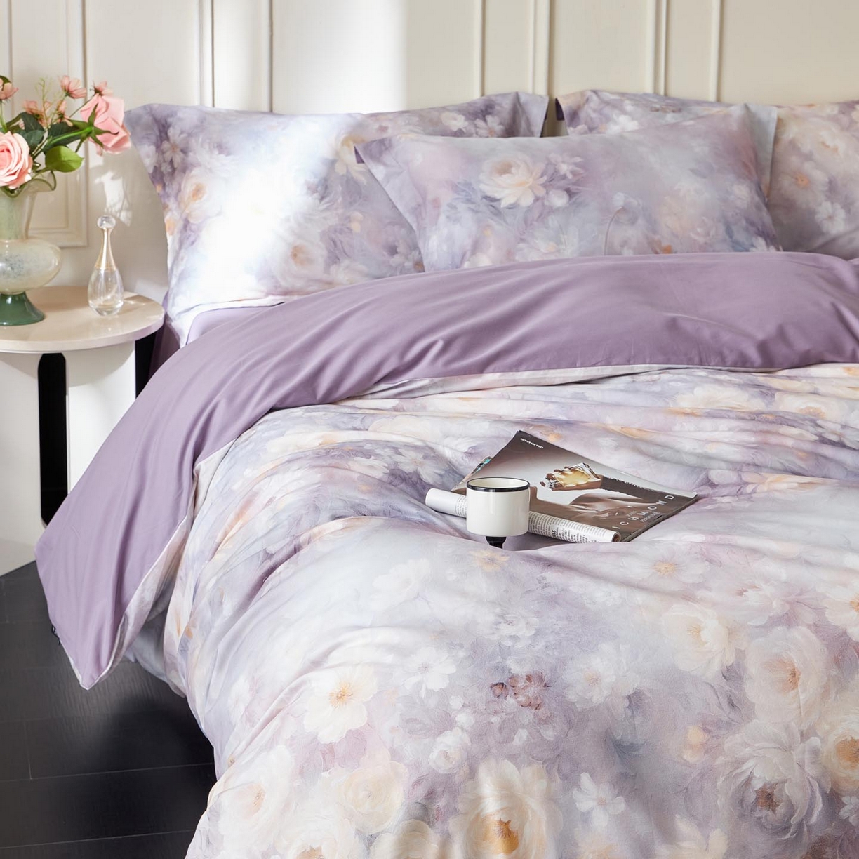 91家纺网 家纺一手货源 找家纺 涵宸家纺 2025新款50S磨毛基础款四件套【更多花型 联系商家电话：17798859966 微信同号，网站：www.hanchenjf.com】 蔷薇晨露（紫）