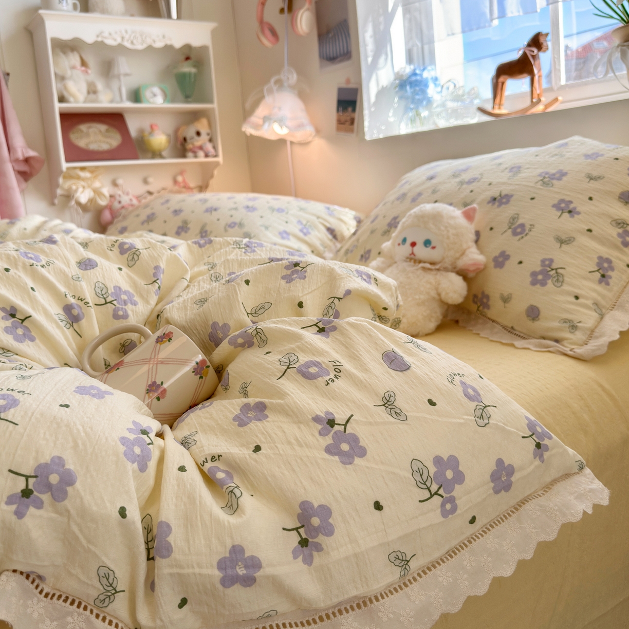 91家纺网 家纺一手货源 找家纺 优卡迪家纺馆 2025新款A类全棉镂空花边皱皱棉双层纱四件套 紫薇