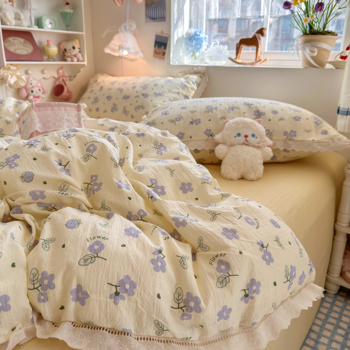 91家纺网 家纺一手货源 找家纺 优卡迪家纺馆 2025新款A类全棉镂空花边皱皱棉双层纱四件套 紫薇