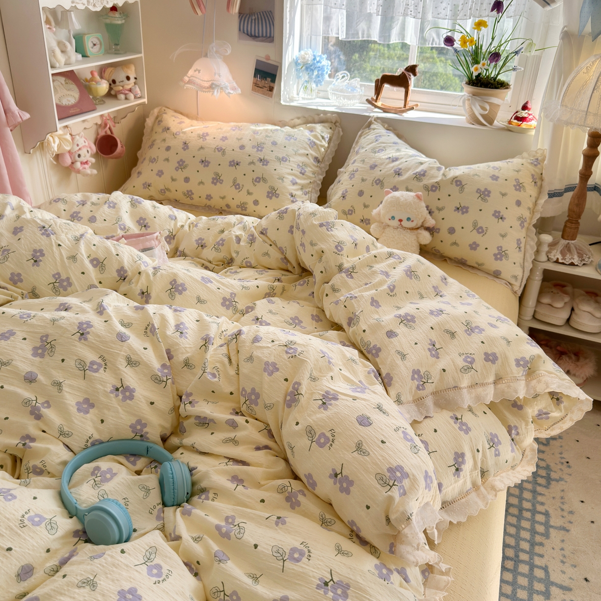 91家纺网 家纺一手货源 找家纺 优卡迪家纺馆 2025新款A类全棉镂空花边皱皱棉双层纱四件套 紫薇