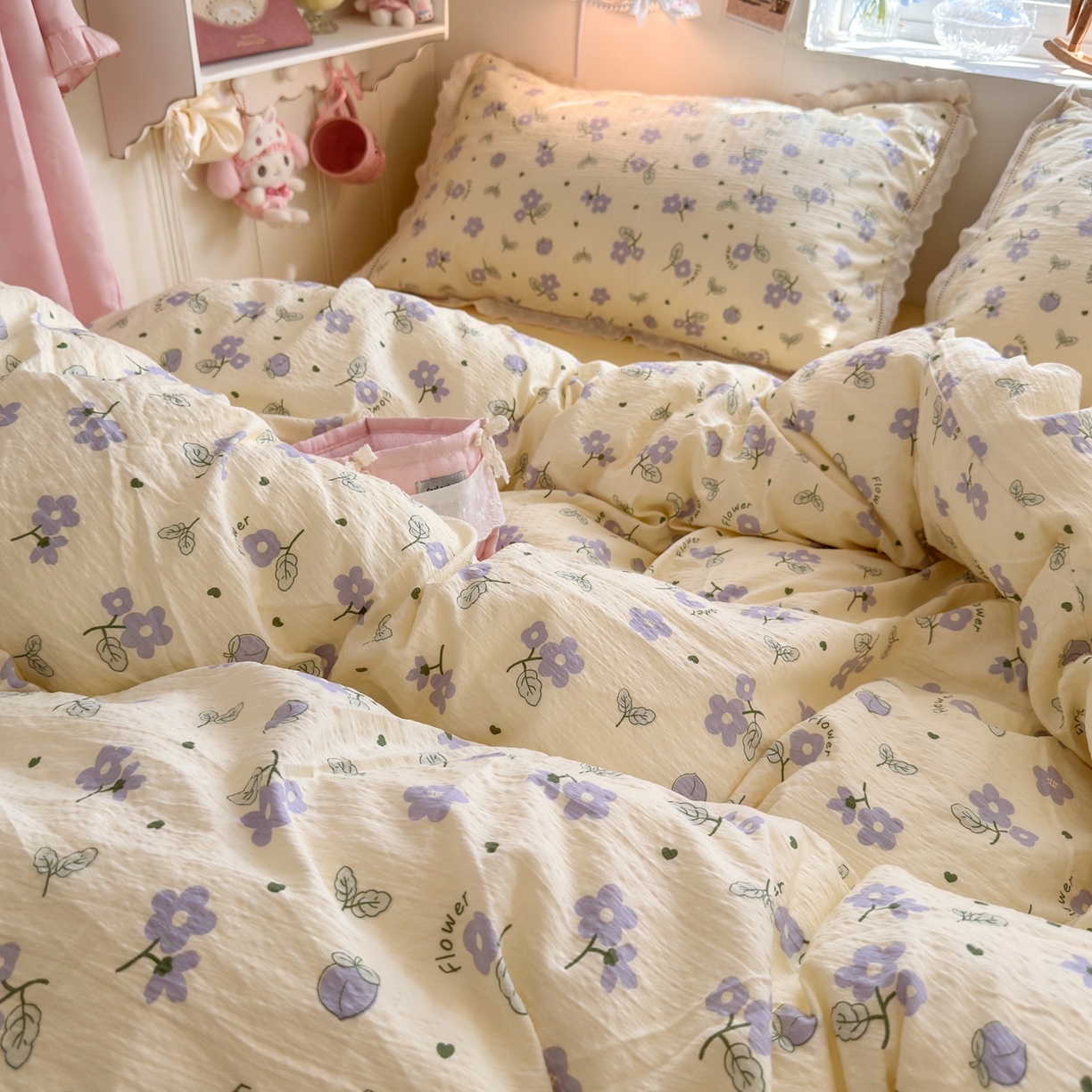 91家纺网 家纺一手货源 找家纺 优卡迪家纺馆 2025新款A类全棉镂空花边皱皱棉双层纱四件套 紫薇