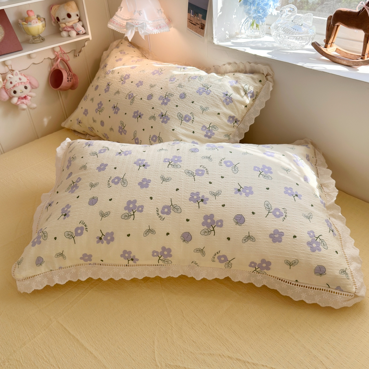 91家纺网 家纺一手货源 找家纺 优卡迪家纺馆 2025新款A类全棉镂空花边皱皱棉双层纱四件套 紫薇