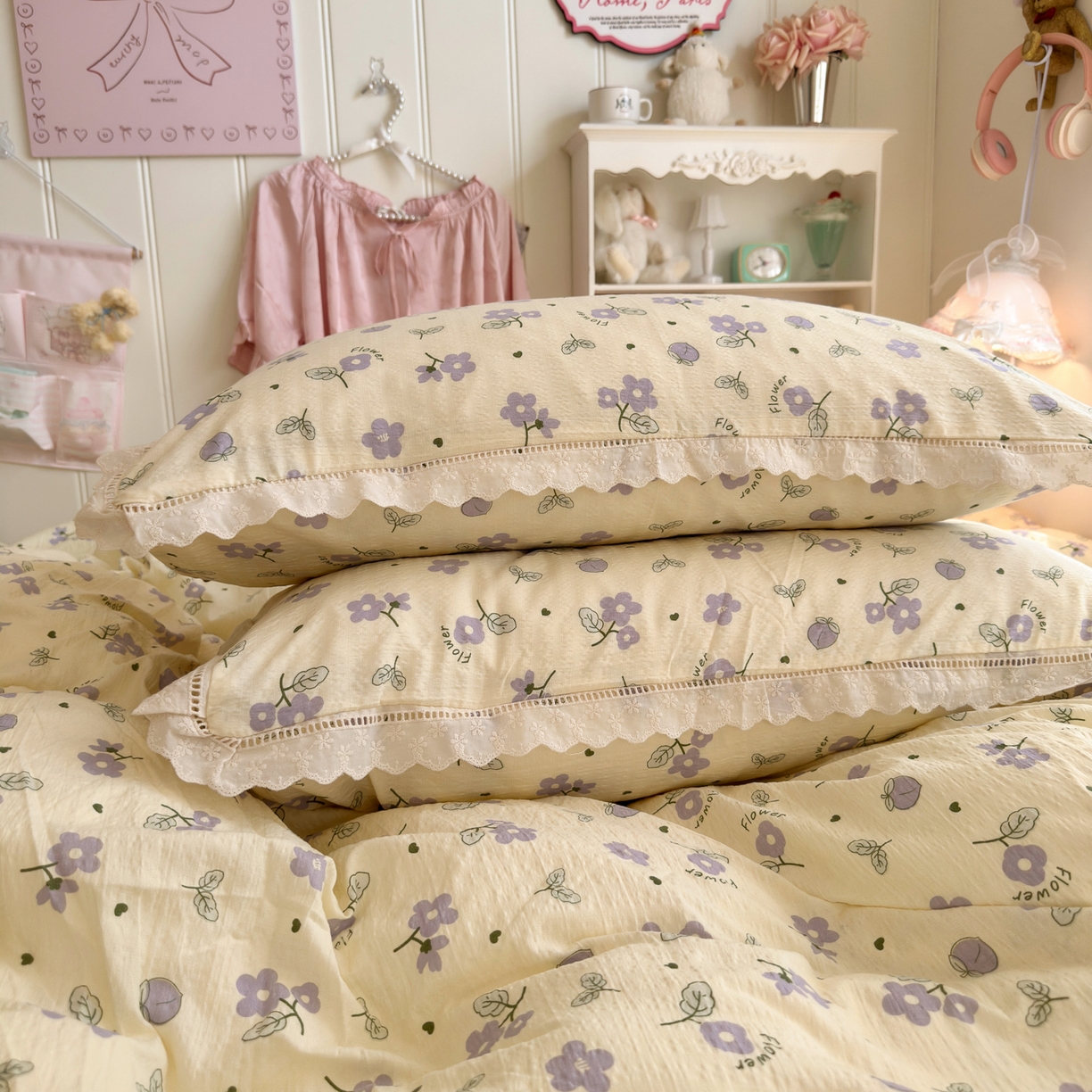 91家纺网 家纺一手货源 找家纺 优卡迪家纺馆 2025新款A类全棉镂空花边皱皱棉双层纱四件套 紫薇