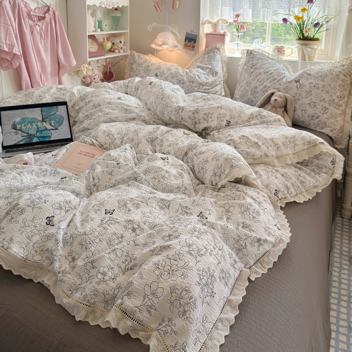 91家纺网 家纺一手货源 找家纺 优卡迪家纺馆 2025新款A类全棉镂空花边皱皱棉双层纱四件套 蝶舞