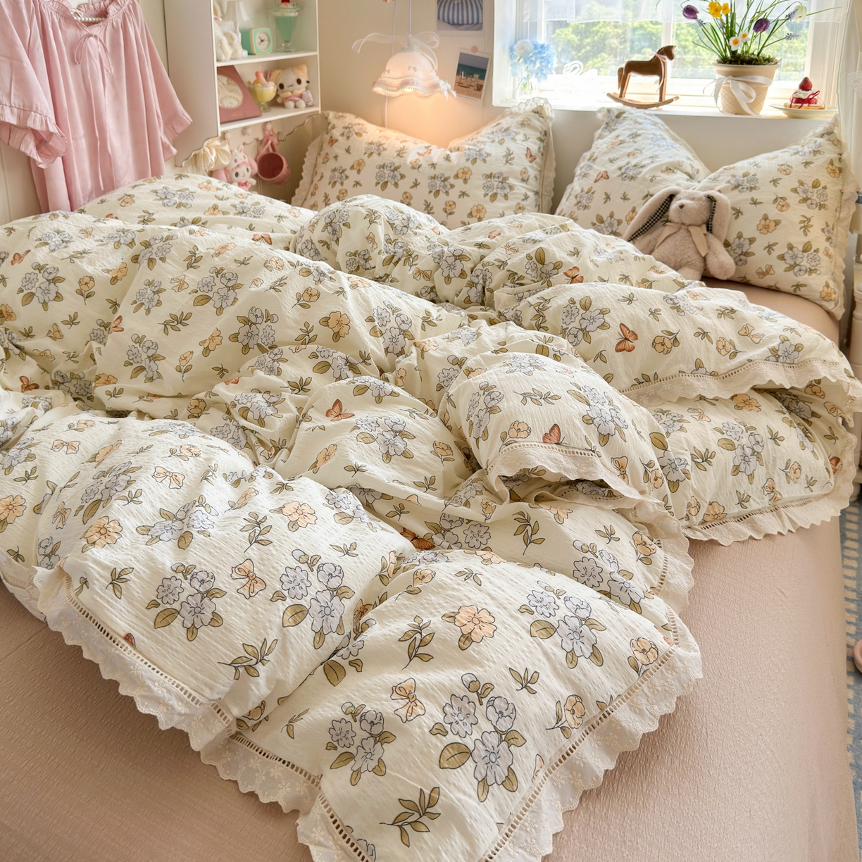 91家纺网 家纺一手货源 找家纺 优卡迪家纺馆 2025新款A类全棉镂空花边皱皱棉双层纱四件套 繁花