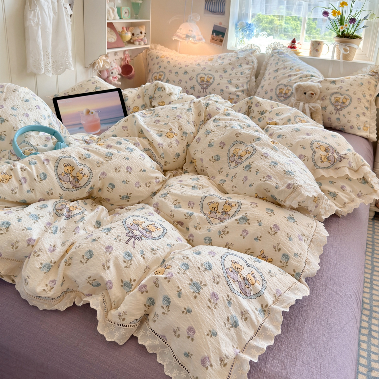 91家纺网 家纺一手货源 找家纺 优卡迪家纺馆 2025新款A类全棉镂空花边皱皱棉双层纱四件套 花香浮梦