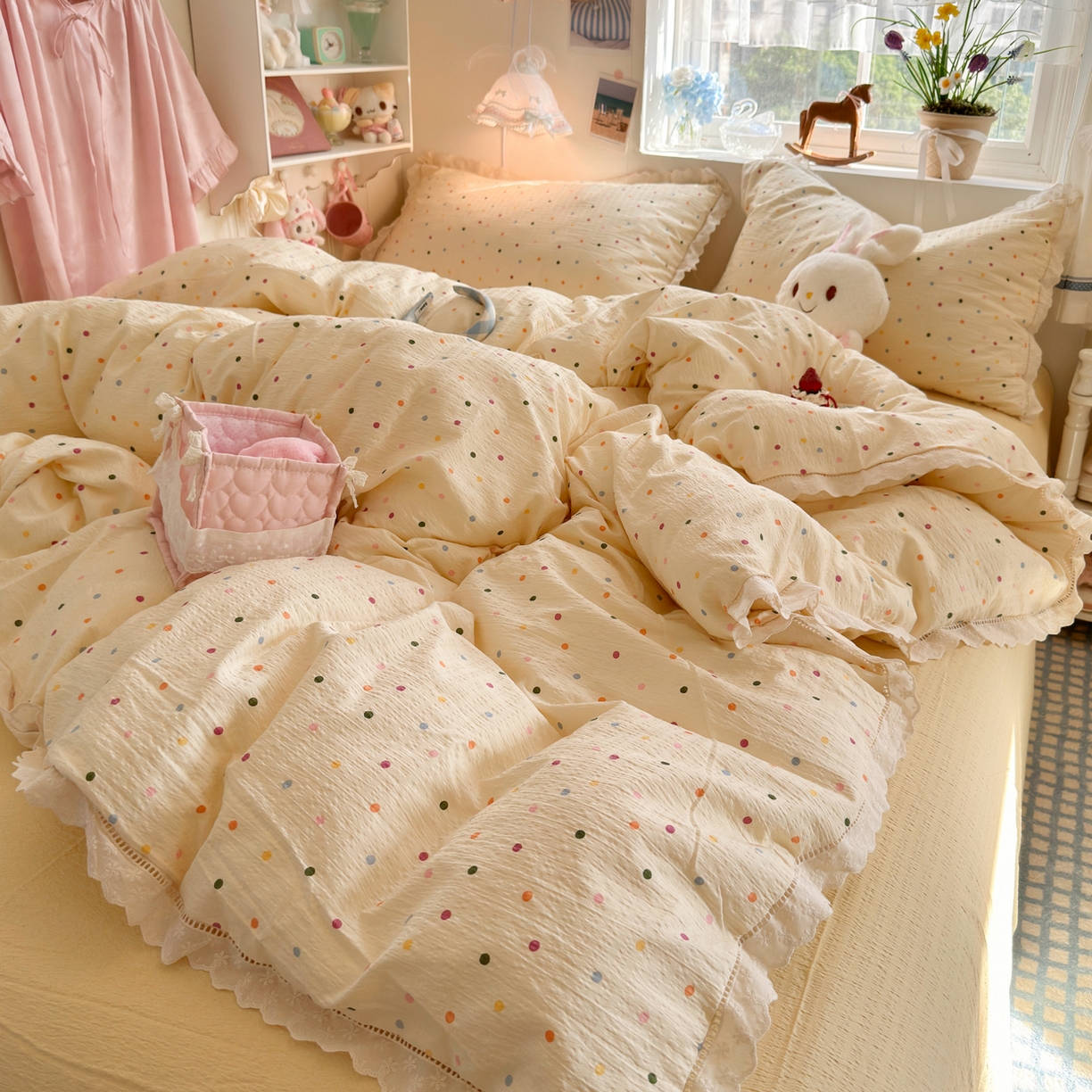 91家纺网 家纺一手货源 找家纺 优卡迪家纺馆 2025新款A类全棉镂空花边皱皱棉双层纱四件套 奶油波点