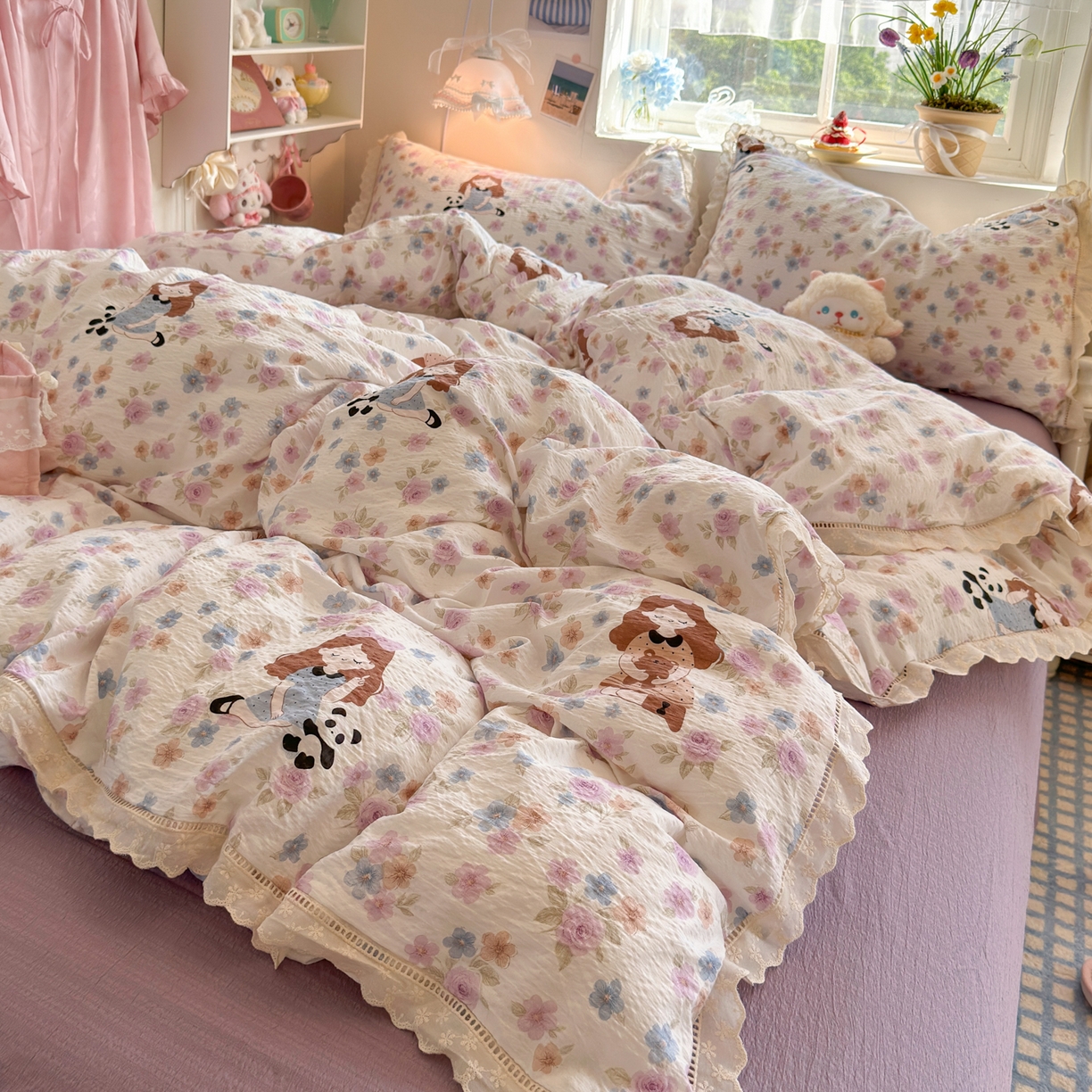 91家纺网 家纺一手货源 找家纺 （总）优卡迪家纺馆 2025新款A类全棉镂空花边皱皱棉双层纱四件套