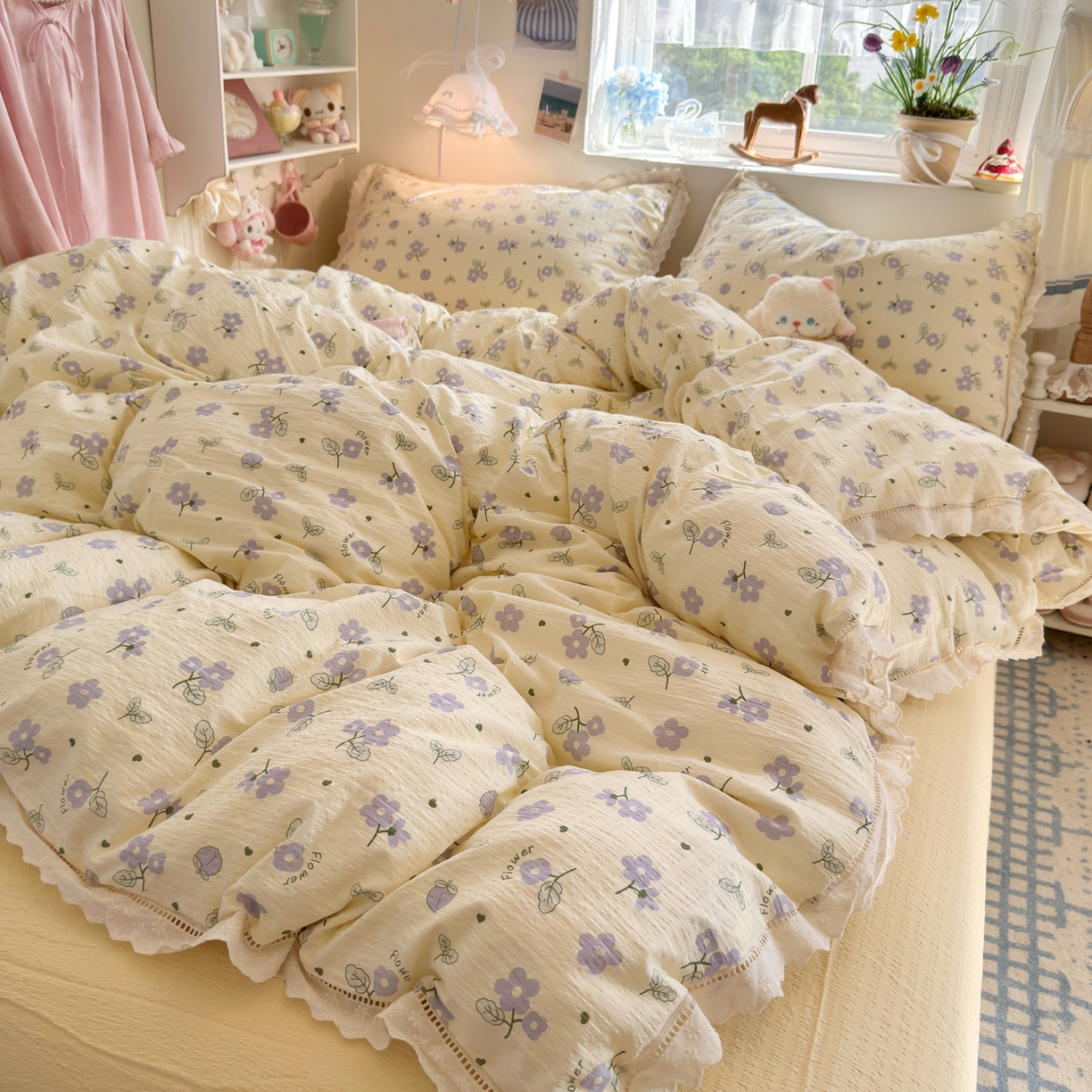 91家纺网 家纺一手货源 找家纺 （总）优卡迪家纺馆 2025新款A类全棉镂空花边皱皱棉双层纱四件套