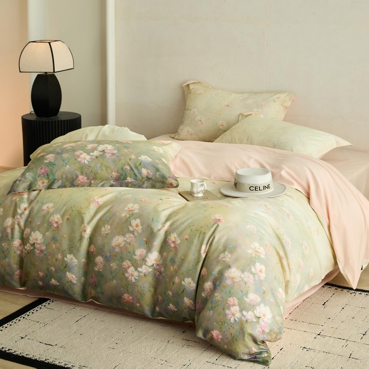 91家纺网 家纺一手货源 找家纺 涵宸家纺 2025新款50S磨毛基础款四件套【更多花型 联系商家电话：17798859966 微信同号，网站：www.hanchenjf.com】 樱洛（绿）