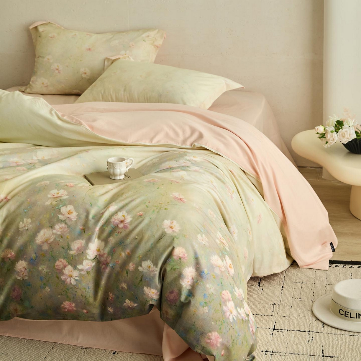 91家纺网 家纺一手货源 找家纺 涵宸家纺 2025新款50S磨毛基础款四件套【更多花型 联系商家电话：17798859966 微信同号，网站：www.hanchenjf.com】 樱洛（绿）