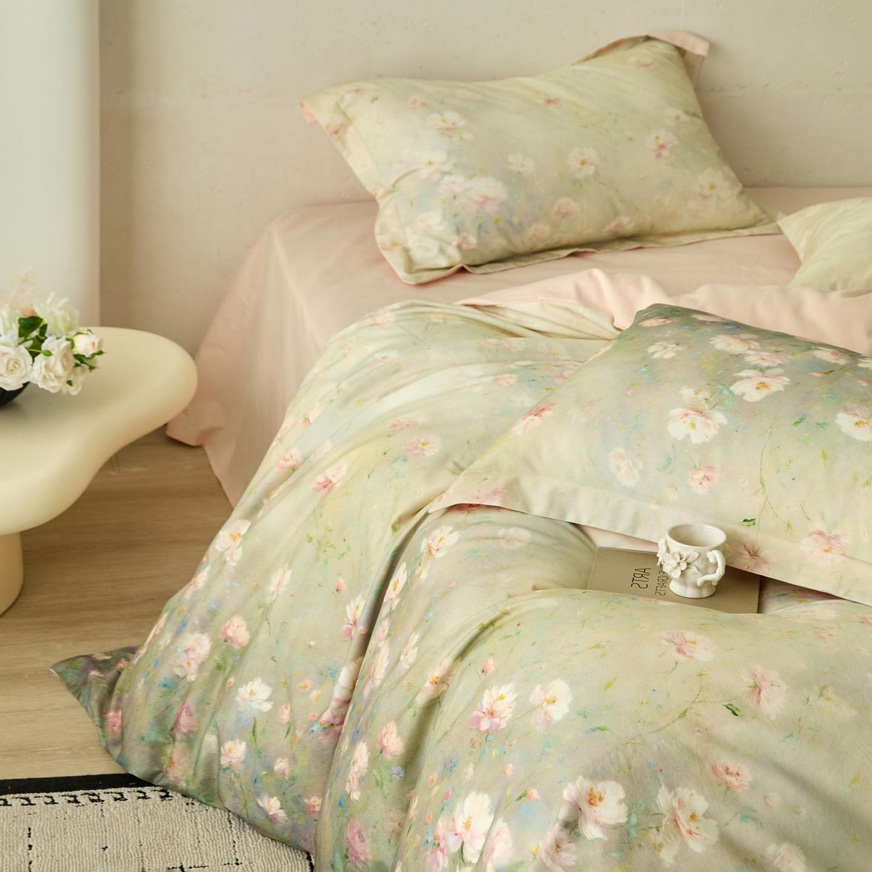 91家纺网 家纺一手货源 找家纺 涵宸家纺 2025新款50S磨毛基础款四件套【更多花型 联系商家电话：17798859966 微信同号，网站：www.hanchenjf.com】 樱洛（绿）