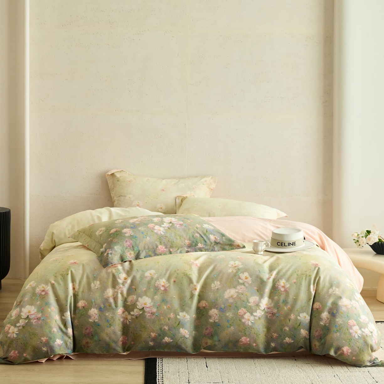 91家纺网 家纺一手货源 找家纺 涵宸家纺 2025新款50S磨毛基础款四件套【更多花型 联系商家电话：17798859966 微信同号，网站：www.hanchenjf.com】 樱洛（绿）