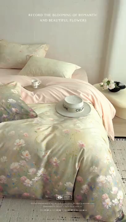 91家纺网 家纺一手货源 找家纺 涵宸家纺 2025新款50S磨毛基础款四件套【更多花型 联系商家电话：17798859966 微信同号，网站：www.hanchenjf.com】 樱洛（绿）