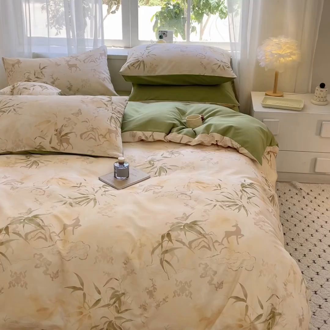 91家纺网 家纺一手货源 找家纺 涵宸家纺 2025新款原棉加厚磨毛印花四件套 松寂