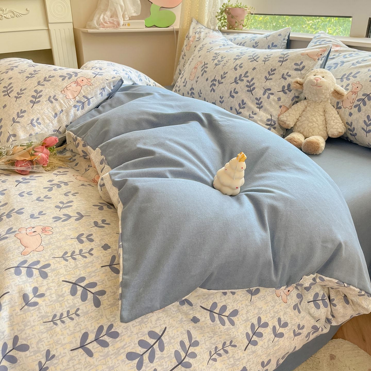 91家纺网 家纺一手货源 找家纺 涵宸家纺 2025新款原棉加厚磨毛印花四件套 兔稚