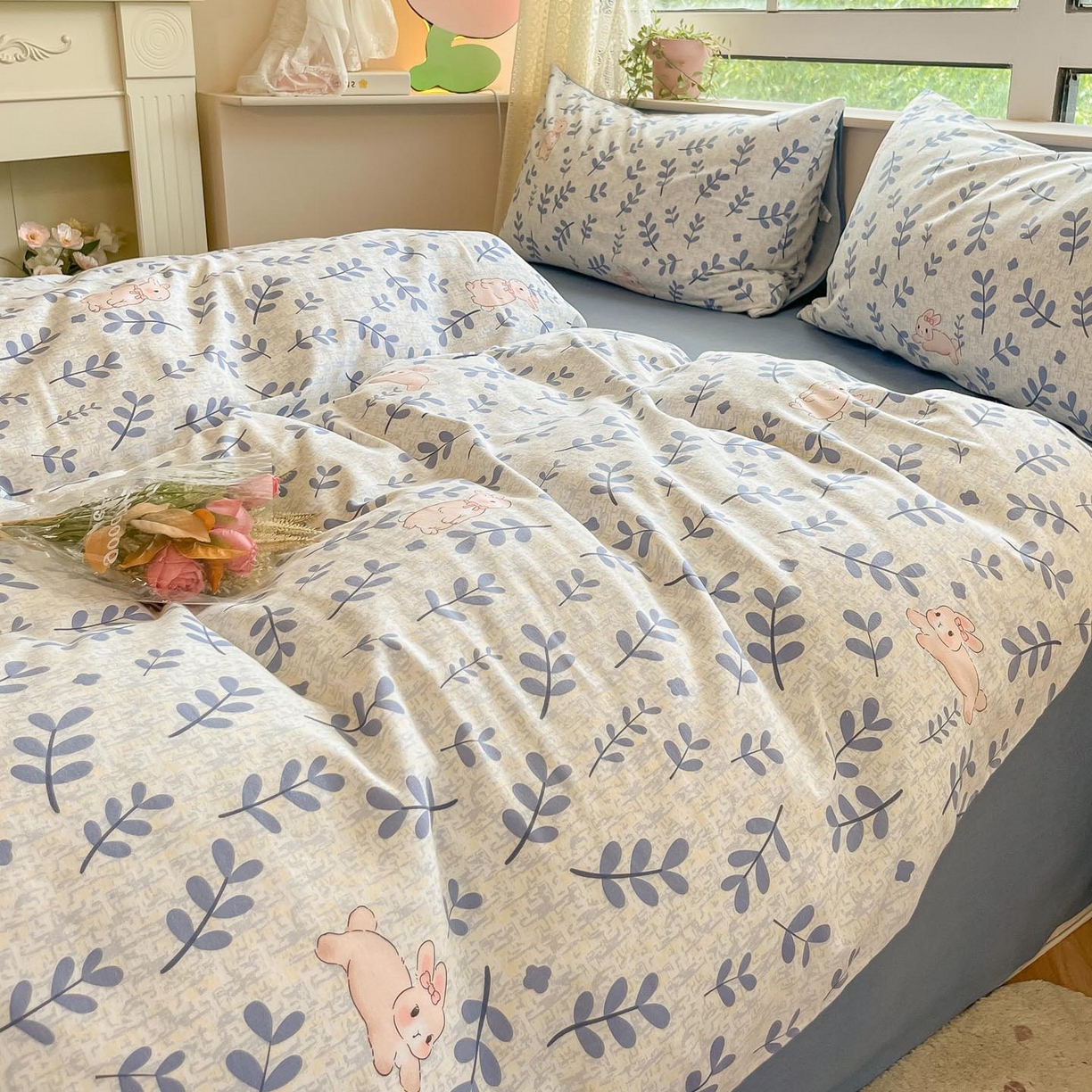 91家纺网 家纺一手货源 找家纺 涵宸家纺 2025新款原棉加厚磨毛印花四件套 兔稚