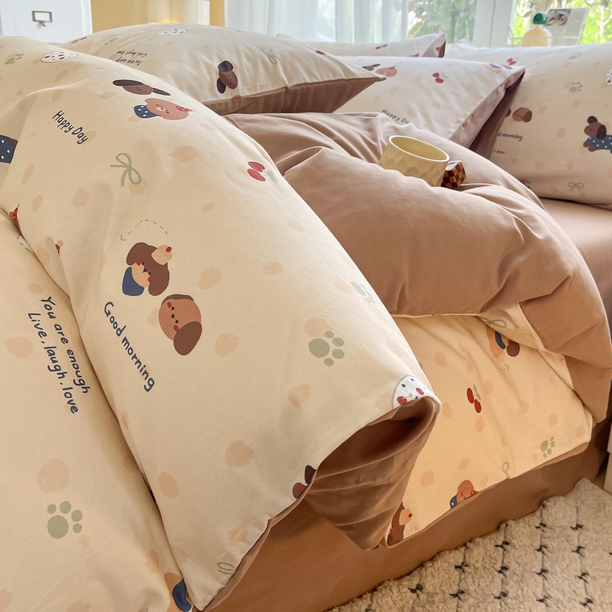 91家纺网 家纺一手货源 找家纺 涵宸家纺 2025新款原棉加厚磨毛印花四件套 小狗日记