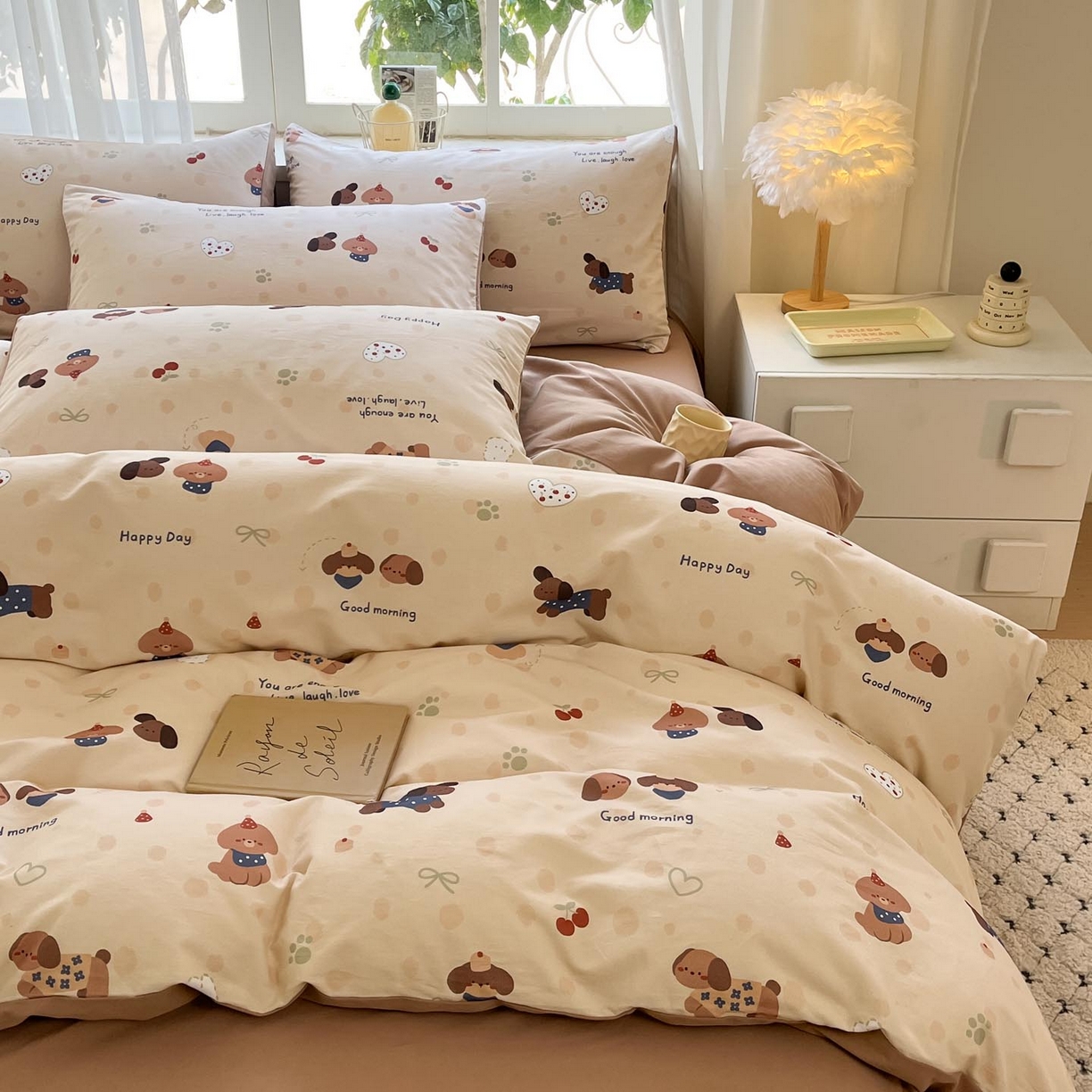 91家纺网 家纺一手货源 找家纺 涵宸家纺 2025新款原棉加厚磨毛印花四件套 小狗日记