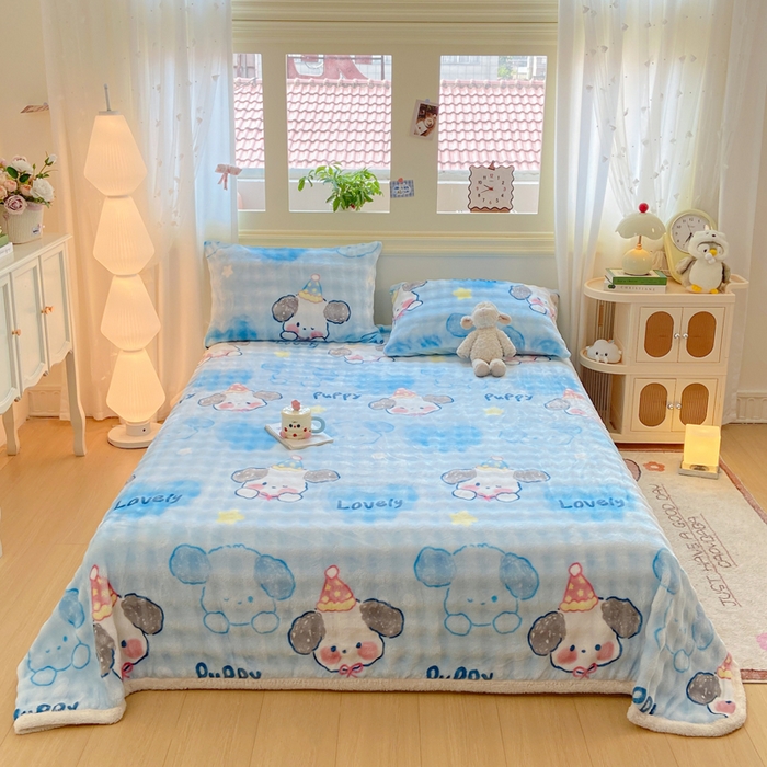 91家纺网 家纺一手货源 找家纺 耐思家纺 2025新款泡泡牛奶绒印花单床单单品床单床单单件 泡泡-蓝心萌宠