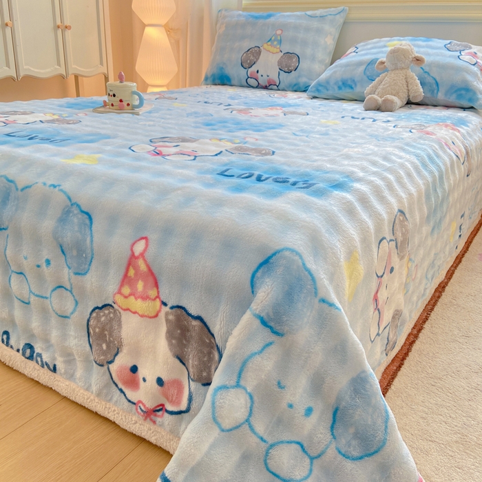 91家纺网 家纺一手货源 找家纺 耐思家纺 2025新款泡泡牛奶绒印花单床单单品床单床单单件 泡泡-蓝心萌宠