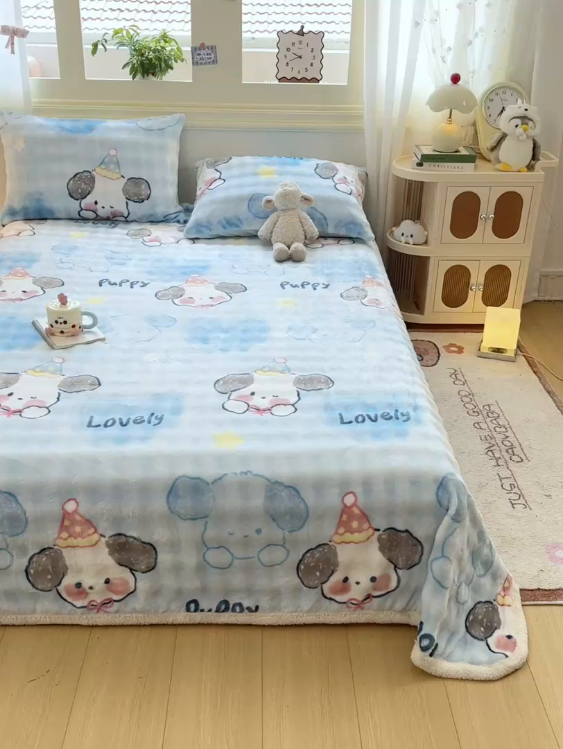 91家纺网 家纺一手货源 找家纺 耐思家纺 2025新款泡泡牛奶绒印花单床单单品床单床单单件 泡泡-蓝心萌宠