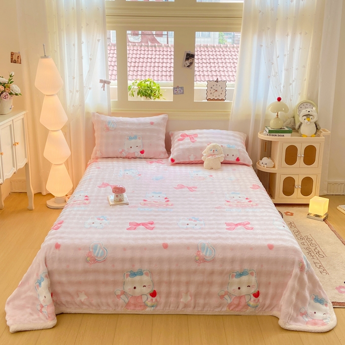 91家纺网 家纺一手货源 找家纺 耐思家纺 2025新款泡泡牛奶绒印花单床单单品床单床单单件 泡泡-KT 猫