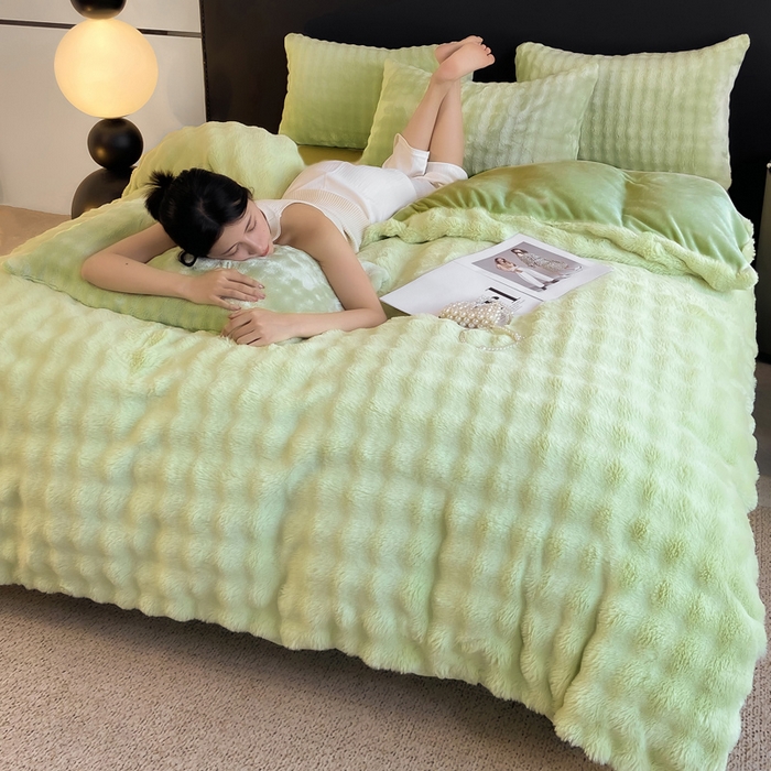 91家纺网 家纺一手货源 找家纺 耐思家纺 2025新款泡泡牛奶绒纯色四件套 泡泡 淡雅绿