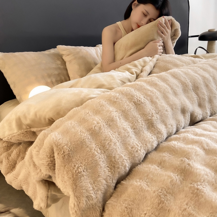 91家纺网 家纺一手货源 找家纺 耐思家纺 2025新款泡泡牛奶绒纯色四件套 泡泡 卡其驼