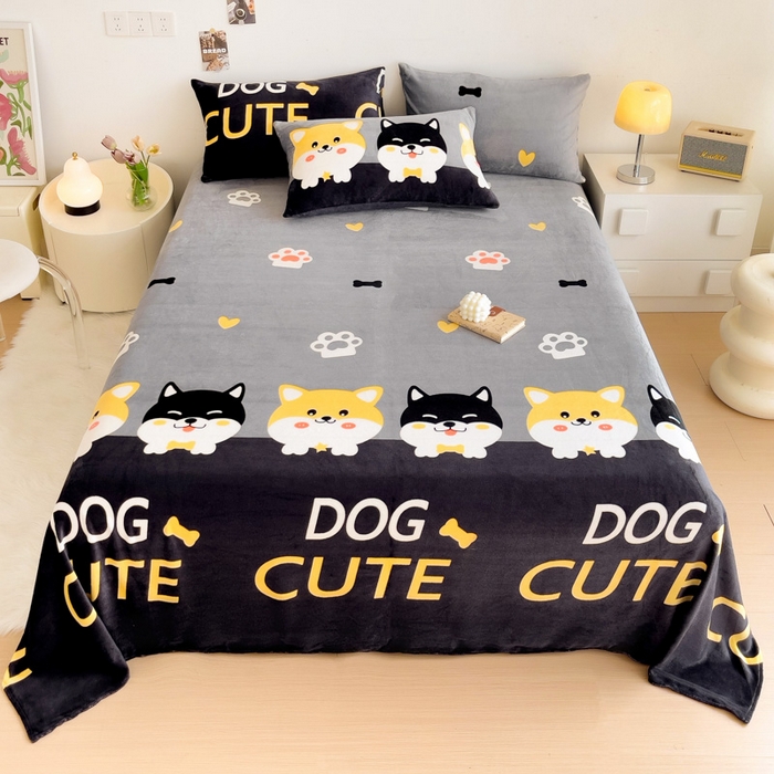 艾橙家纺 2025秋冬新款高克重牛奶绒印花床单单品床单床单单件 柯基