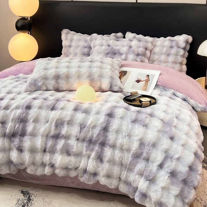 91家纺网 家纺一手货源 找家纺 耐思家纺 2025新款泡泡牛奶绒纯色四件套 炫彩 雾灰紫