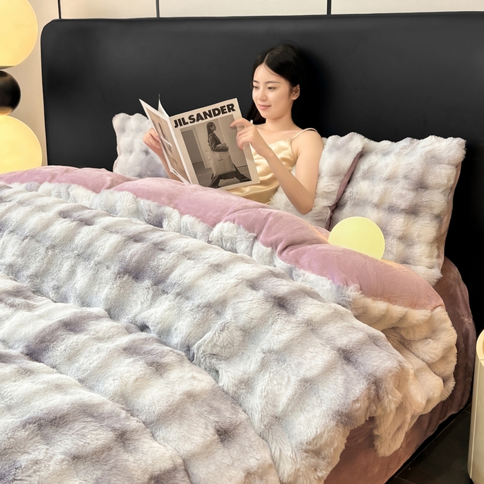 91家纺网 家纺一手货源 找家纺 耐思家纺 2025新款泡泡牛奶绒纯色四件套 炫彩 雾灰紫