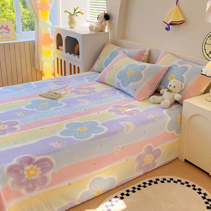 91家纺网 家纺一手货源 找家纺 艾橙家纺 2025秋冬新款高克重牛奶绒印花床单单品床单床单单件 七彩花梦