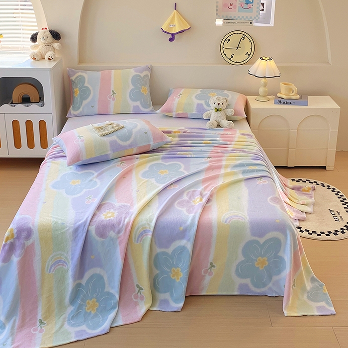 91家纺网 家纺一手货源 找家纺 艾橙家纺 2025秋冬新款高克重牛奶绒印花床单单品床单床单单件 七彩花梦