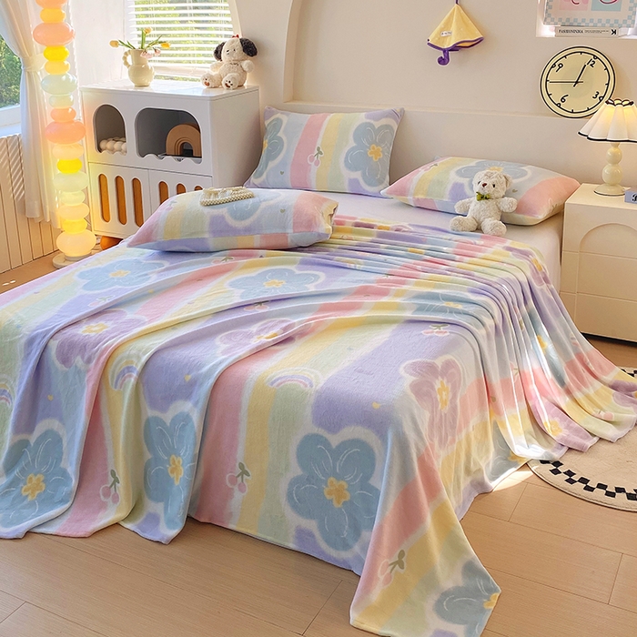 91家纺网 家纺一手货源 找家纺 艾橙家纺 2025秋冬新款高克重牛奶绒印花床单单品床单床单单件 七彩花梦