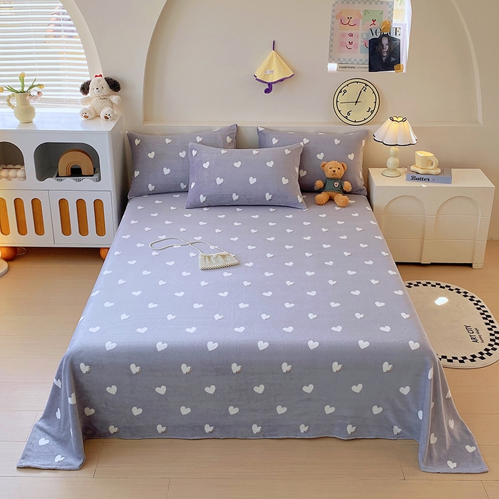 艾橙家纺 2025秋冬新款高克重牛奶绒印花床单单品床单床单单件 心心相印-灰