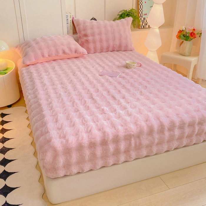 91家纺网 家纺一手货源 找家纺 耐思家纺 2025新款泡泡牛奶绒纯色单品床笠床笠单件 泡泡 粉豆沙