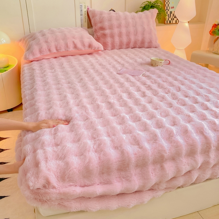 91家纺网 家纺一手货源 找家纺 耐思家纺 2025新款泡泡牛奶绒纯色单品床笠床笠单件 泡泡 粉豆沙