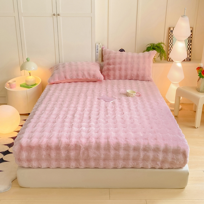 91家纺网 家纺一手货源 找家纺 耐思家纺 2025新款泡泡牛奶绒纯色单品床笠床笠单件 泡泡 粉豆沙