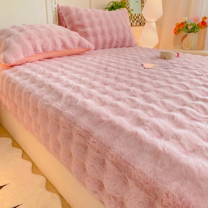 91家纺网 家纺一手货源 找家纺 耐思家纺 2025新款泡泡牛奶绒纯色单品床笠床笠单件 泡泡 粉豆沙