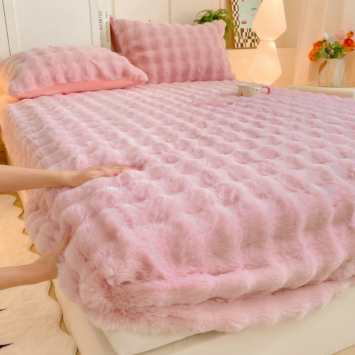 91家纺网 家纺一手货源 找家纺 耐思家纺 2025新款泡泡牛奶绒纯色单品床笠床笠单件 泡泡 粉豆沙