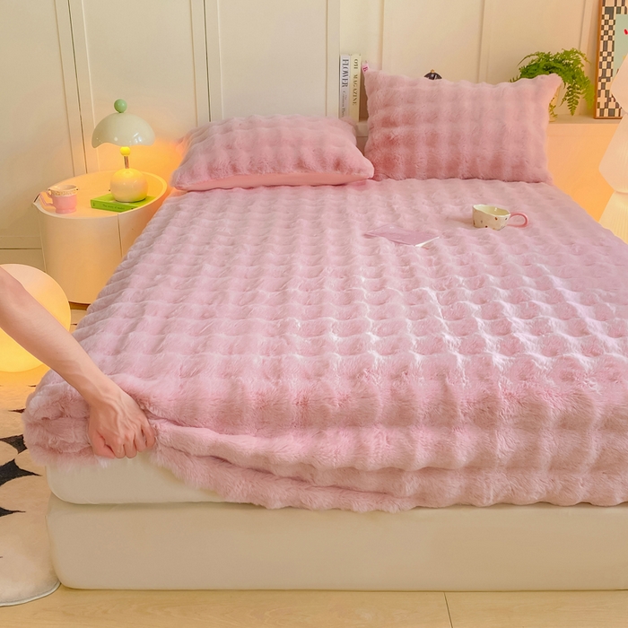 91家纺网 家纺一手货源 找家纺 耐思家纺 2025新款泡泡牛奶绒纯色单品床笠床笠单件 泡泡 粉豆沙