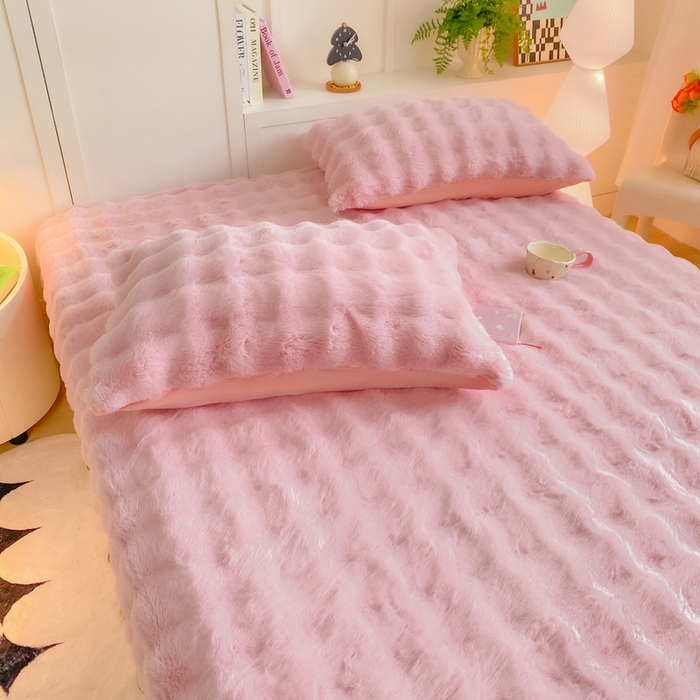 91家纺网 家纺一手货源 找家纺 耐思家纺 2025新款泡泡牛奶绒纯色单品床笠床笠单件 泡泡 粉豆沙