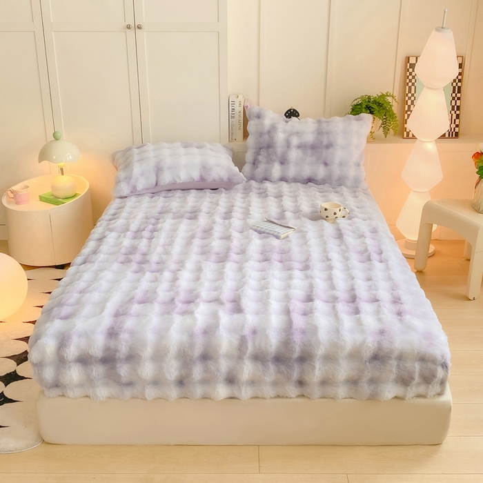 91家纺网 家纺一手货源 找家纺 耐思家纺 2025新款泡泡牛奶绒纯色单品床笠床笠单件 炫彩 雾灰紫