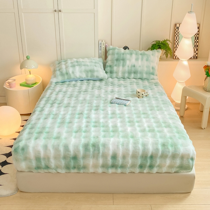 91家纺网 家纺一手货源 找家纺 耐思家纺 2025新款泡泡牛奶绒纯色单品床笠床笠单件 炫彩 青草绿