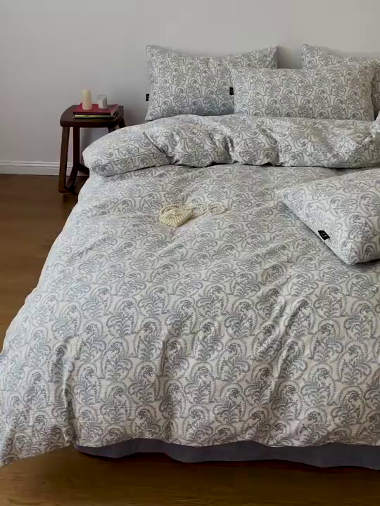 91家纺网 家纺一手货源 找家纺 仟网汇 2025新款高克重亚麻复古简单款四件套 卡曼蓝